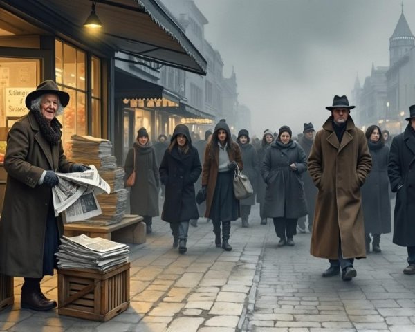 Foggy Historical Town Street Scene with Newspaper Vendor