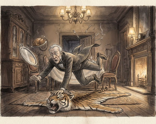 Old Man Falling in Dimly Lit Dining Room with Tiger Rug