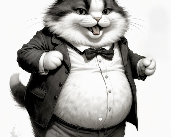 Whimsical Illustration of a Tuxedo Cat in Vintage Style