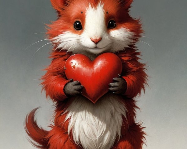 Fluffy Red Creature Holding a Heart in Soft Background