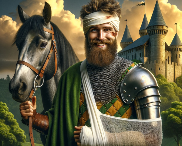 Knight in Chainmail Beside Horse and Grand Castle