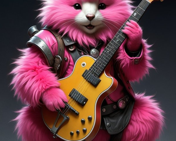 Vibrant Pink Creature with Guitar in Playful Setting