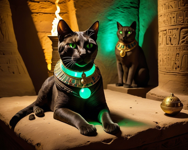 Black Cats with Turquoise Collars in Ancient Temple