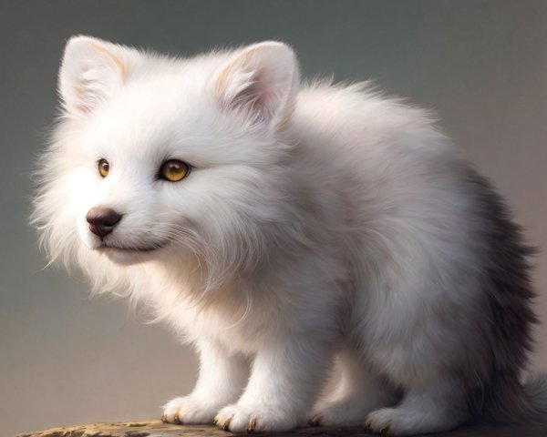 Fluffy White Fox-Like Creature with Expressive Eyes