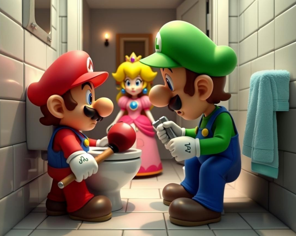 Mario and Luigi's Humorous Bathroom Fixing Scene