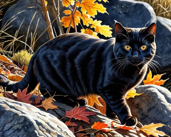 Black Cat Among Colorful Autumn Leaves and Rocks