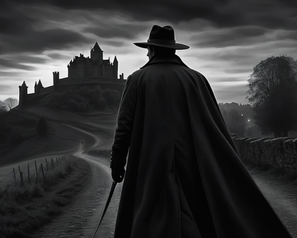 Mysterious figure near a dark castle in monochrome scene