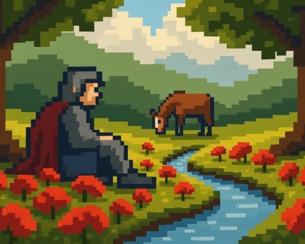 Hooded Figure by Stream in Pixel Art Landscape