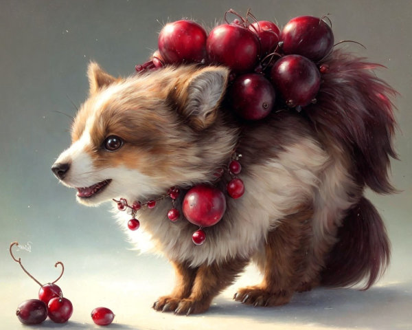 Fluffy Dog with Berry Necklace in Whimsical Scene