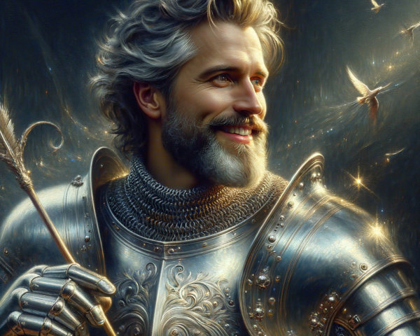 Noble knight in detailed armor with magical background