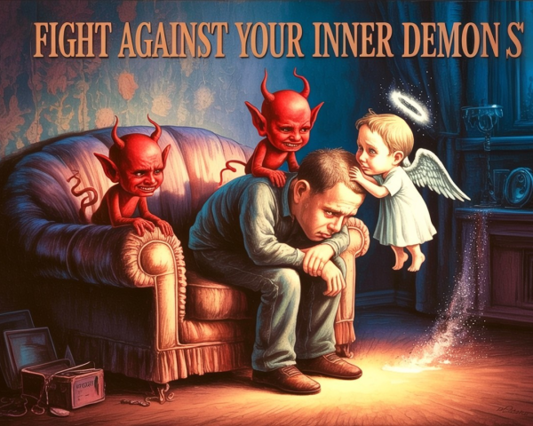 Man on Couch Surrounded by Demons and Angel Symbolizing Conflict