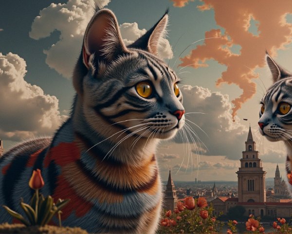 Majestic Cats with Striped Fur in Dreamlike Setting