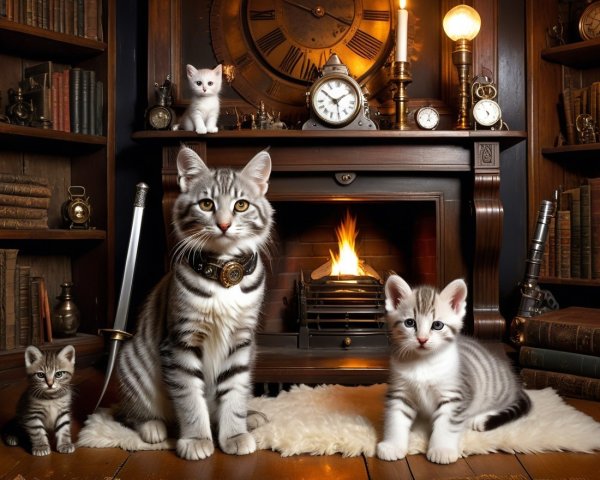 Cozy Vintage Library with Cats and Fireplace Scene