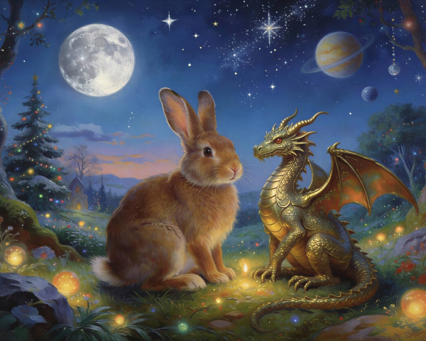 Twilight Wonderland with Rabbit and Golden Dragon