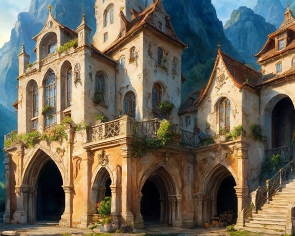 Medieval Building in a Lush Mountainous Landscape