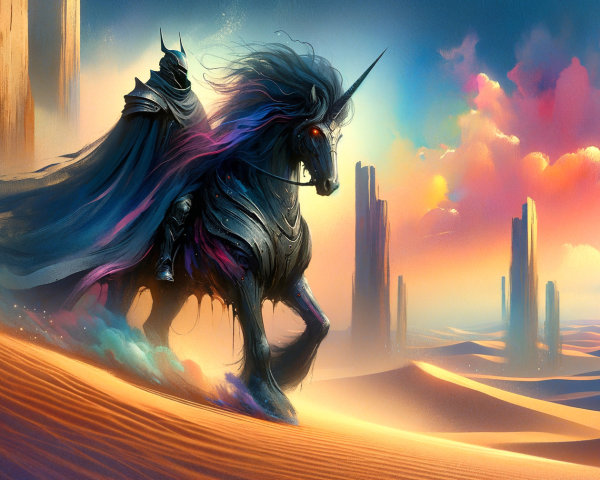 Black unicorn in desert at sunset with armored figure