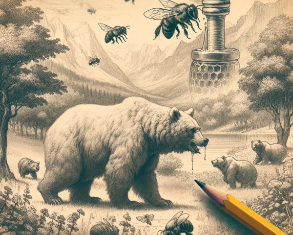Serene Forest Landscape with Bears and Honeycomb