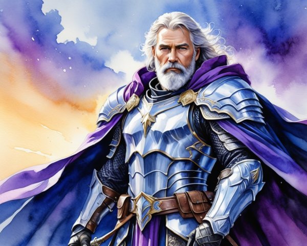 Regal warrior in silver armor with purple cape at sunset