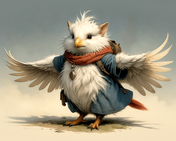 Whimsical Creature with Feathers and Cozy Attire