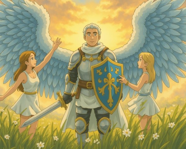 Heroic Figure with Wings in Vibrant Meadow Scene