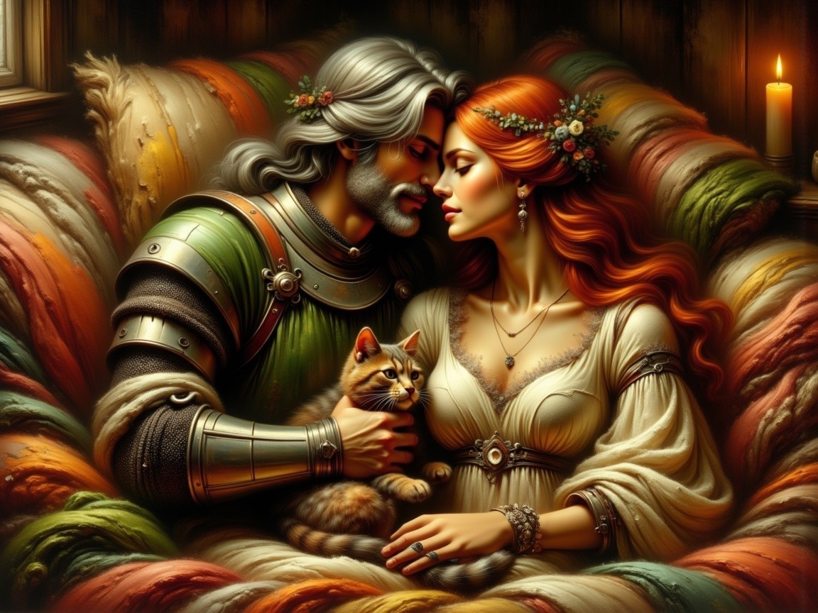 Noble knight and radiant woman in a romantic embrace