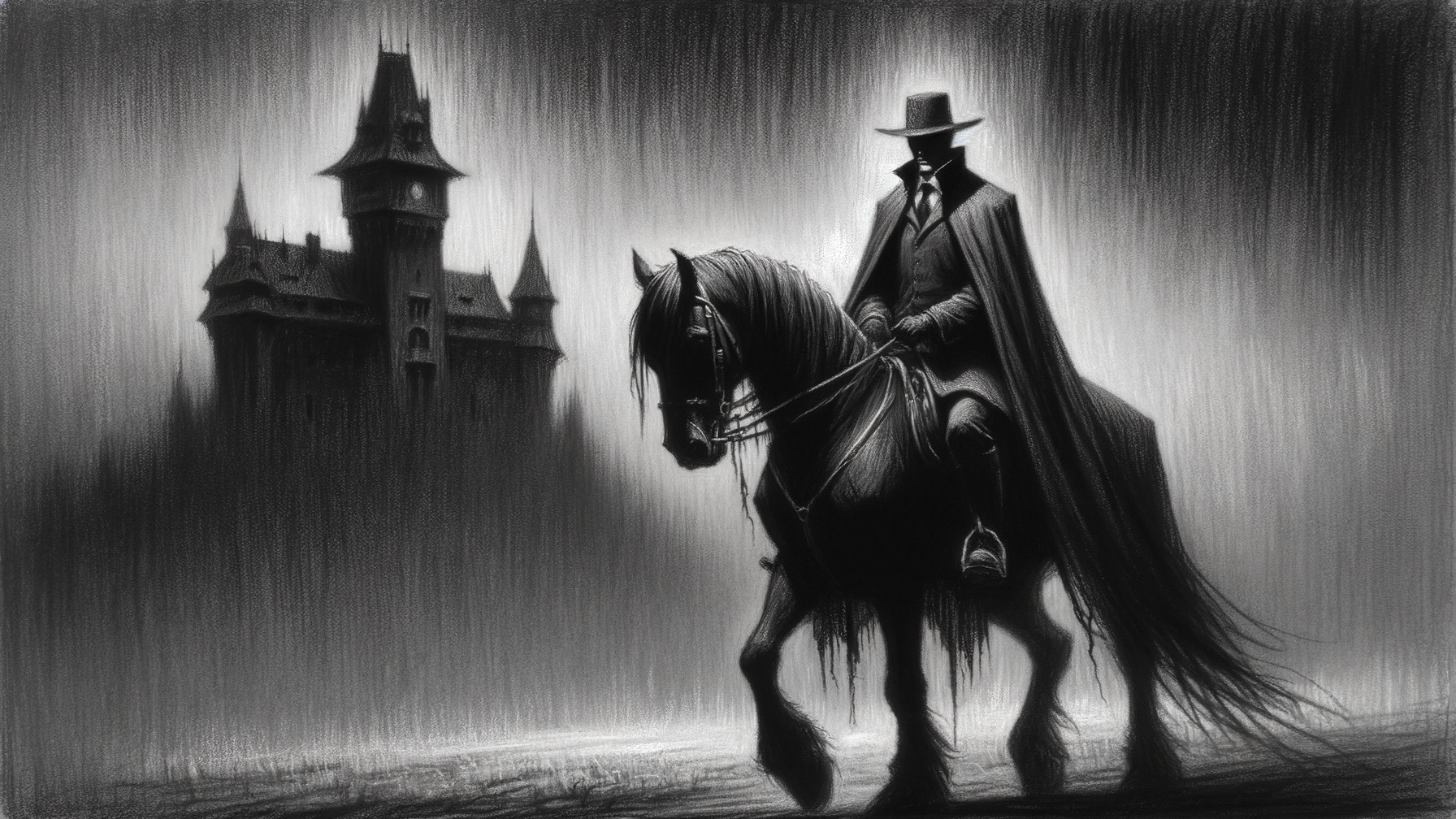 Mysterious Figure on Horse Near Gothic Castle Scene