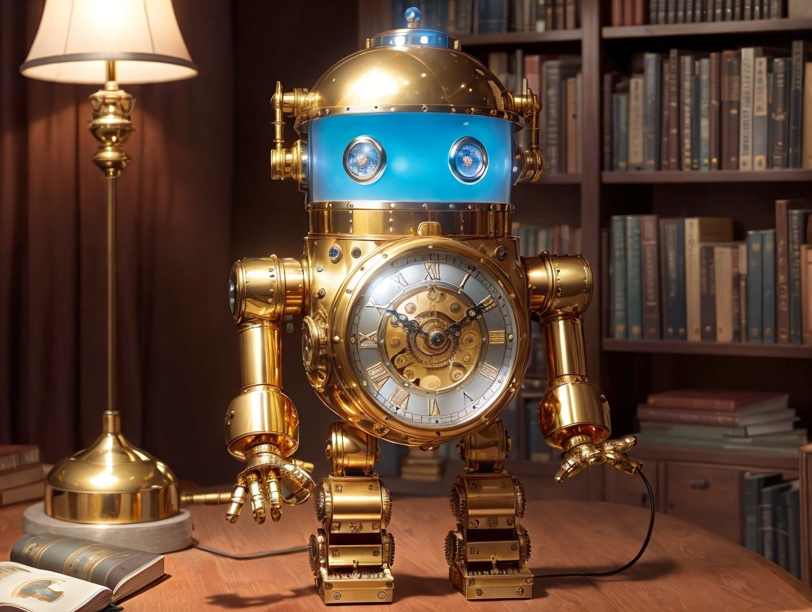 Whimsical Golden Robot with Steampunk Design on Table