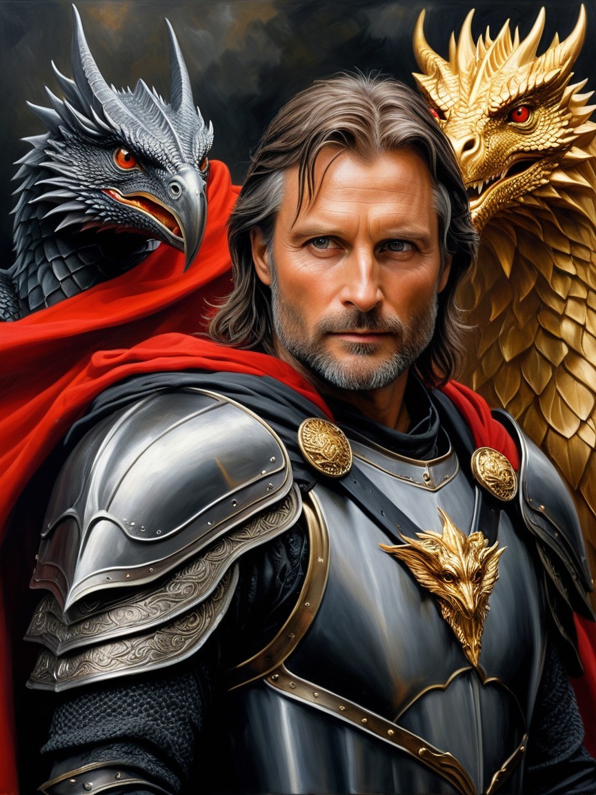 Warrior in Silver Armor with Two Majestic Dragons