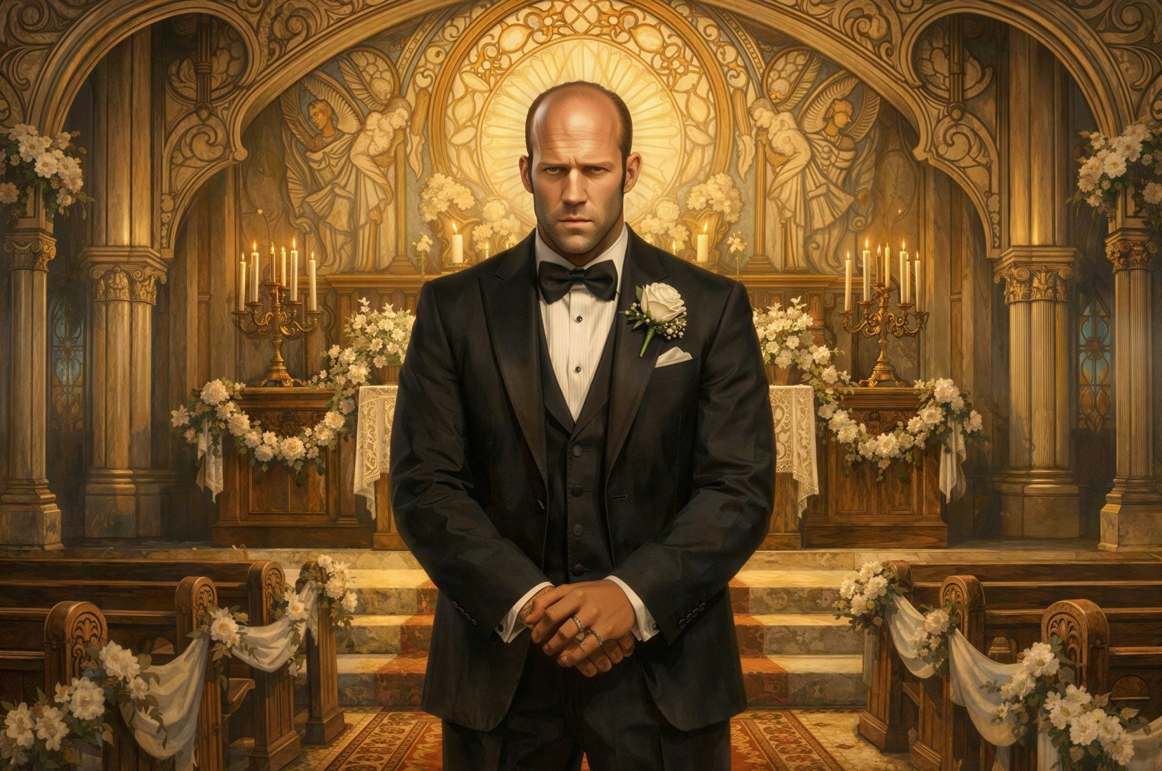 Painting of a Man in Tuxedo Inside Ornate Church