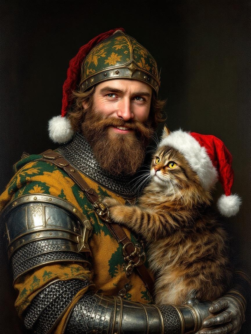 Man in Medieval Costume Holding Cat in Santa Hat
