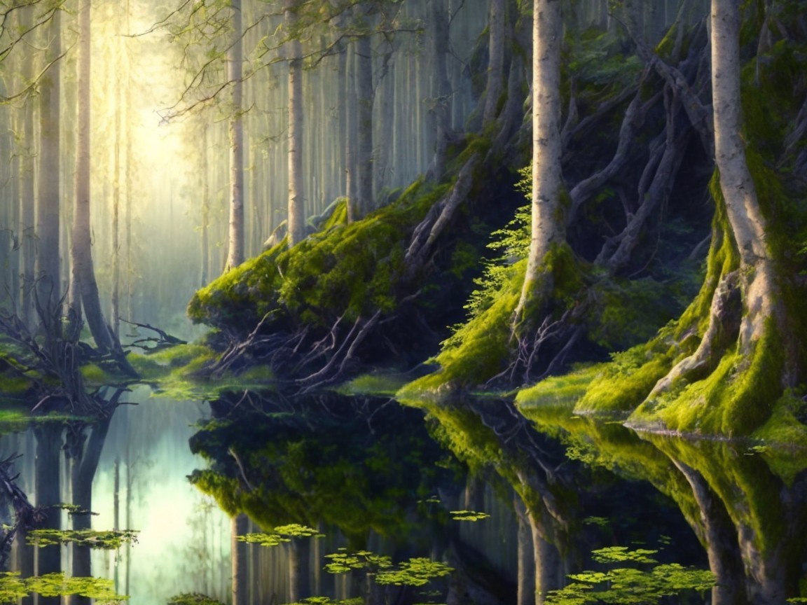 Serene forest scene with tall trees and tranquil pond