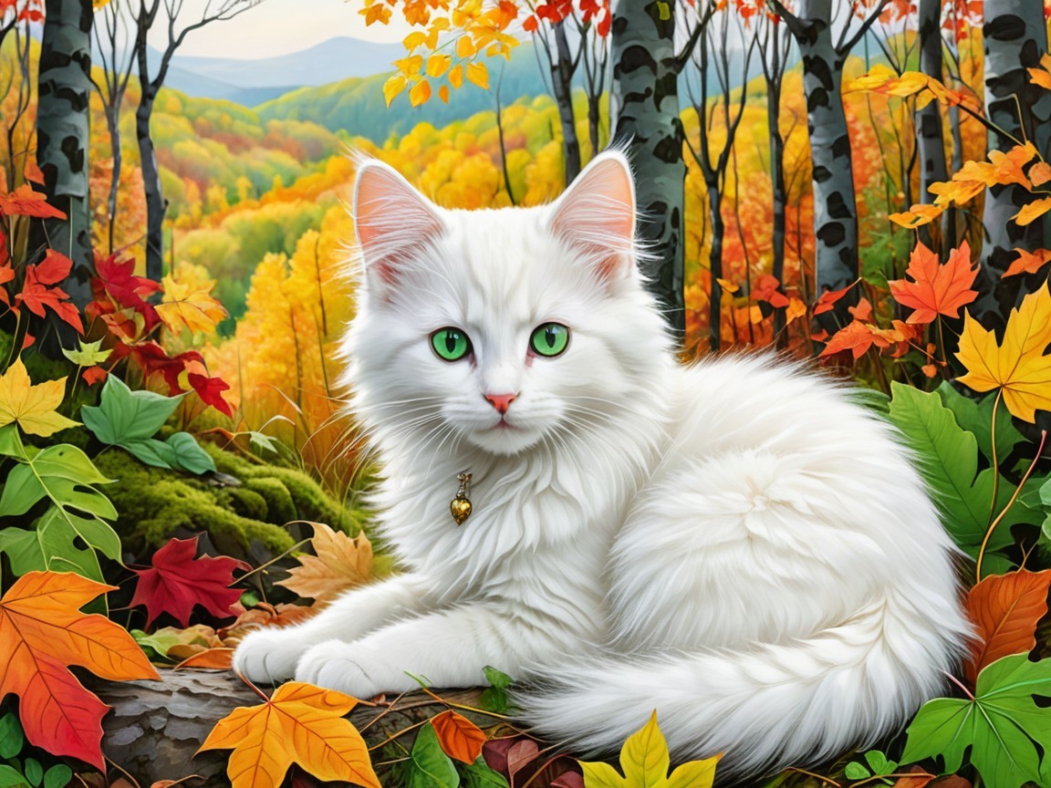 Fluffy White Cat Among Colorful Autumn Leaves