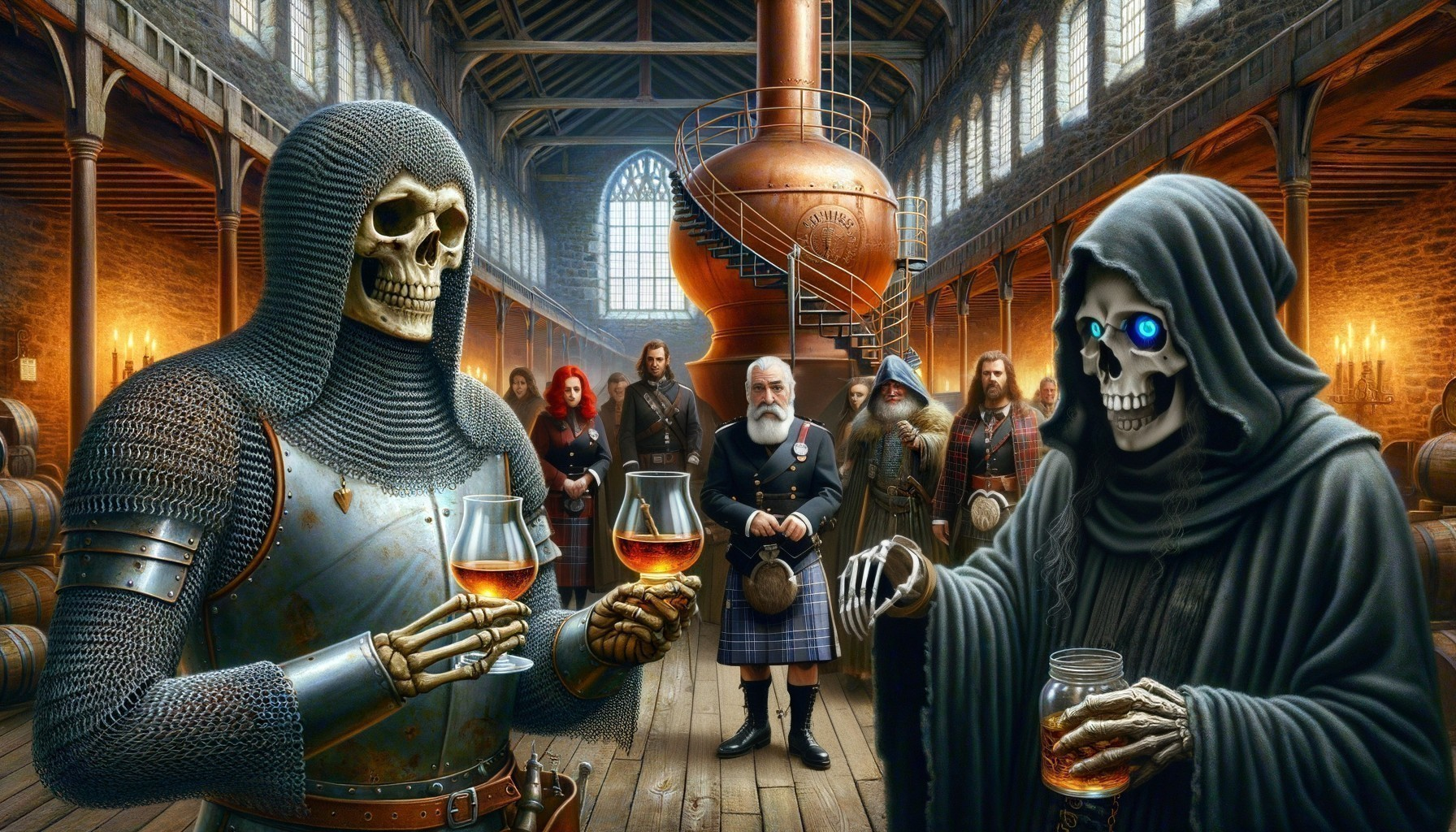 Medieval Figures Toasting in a Dimly Lit Distillery