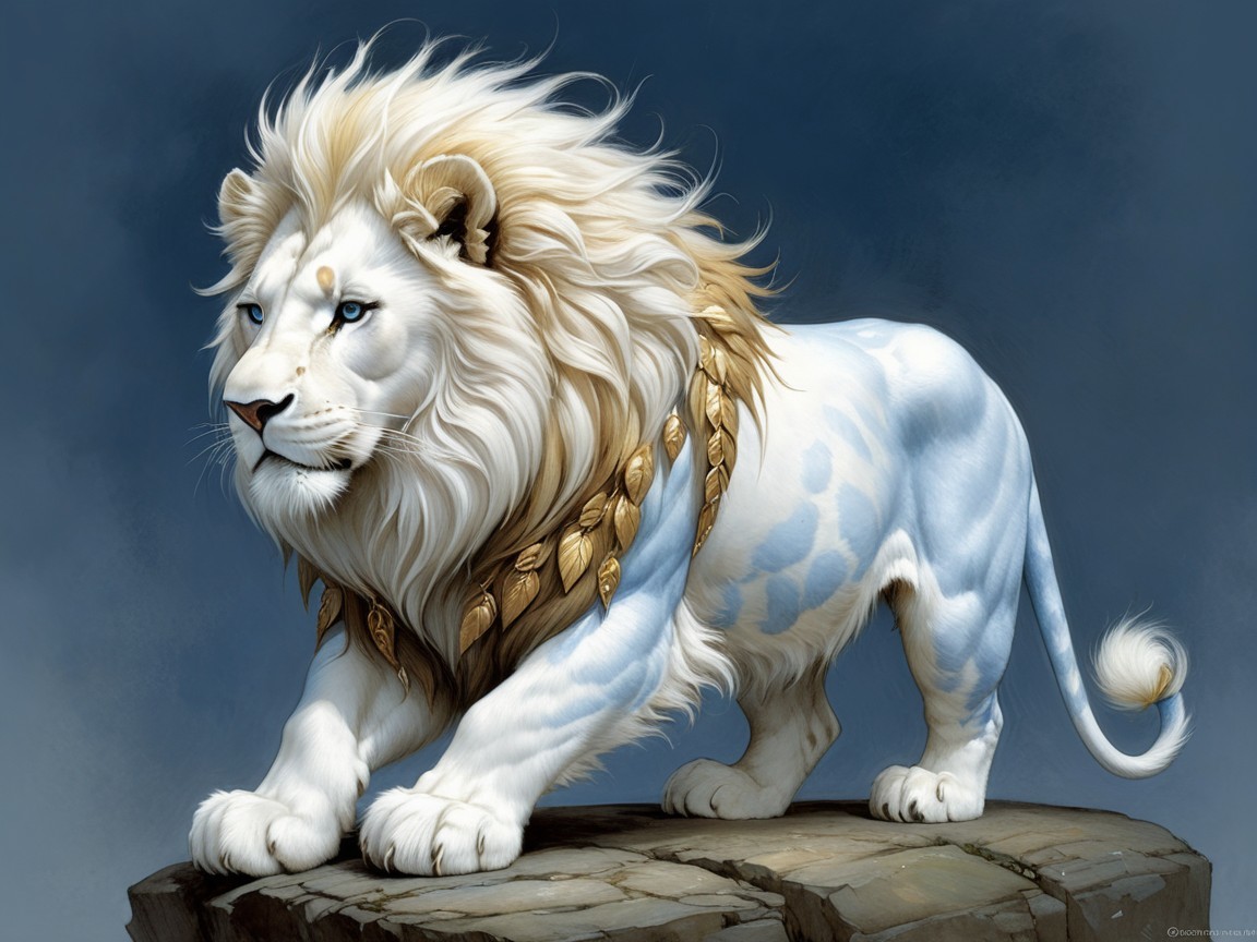 Majestic white lion on rocky outcrop with blue eyes