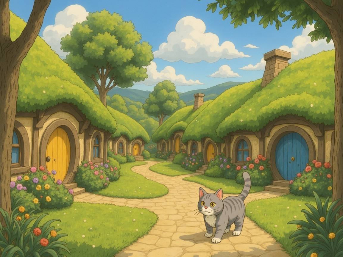 Whimsical Village with Hobbit-Style Cottages and Cat
