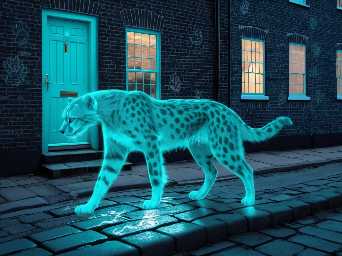 Glowing Blue Cheetah on Cobblestone Street at Night