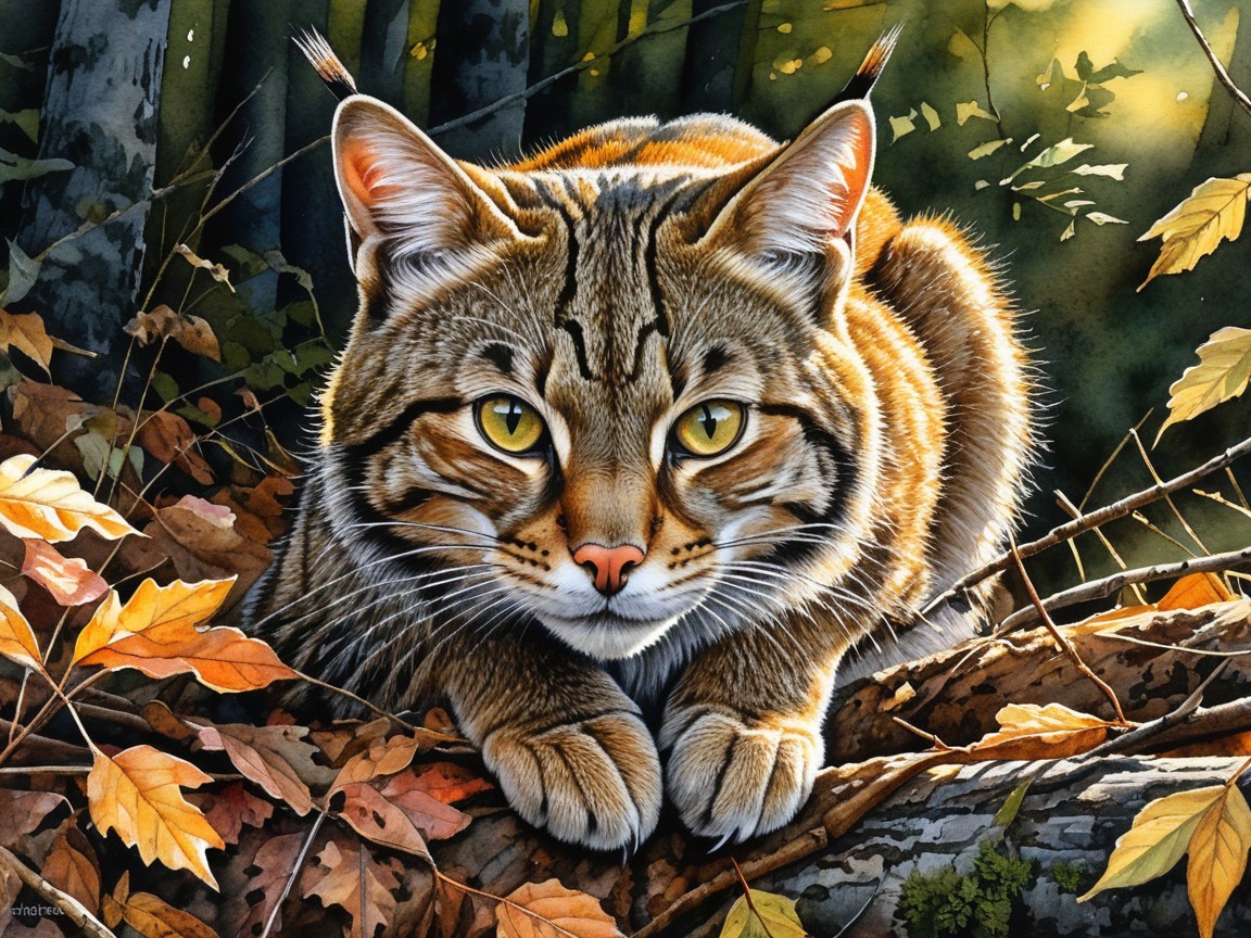 Bobcat Illustration in Forest with Autumn Colors