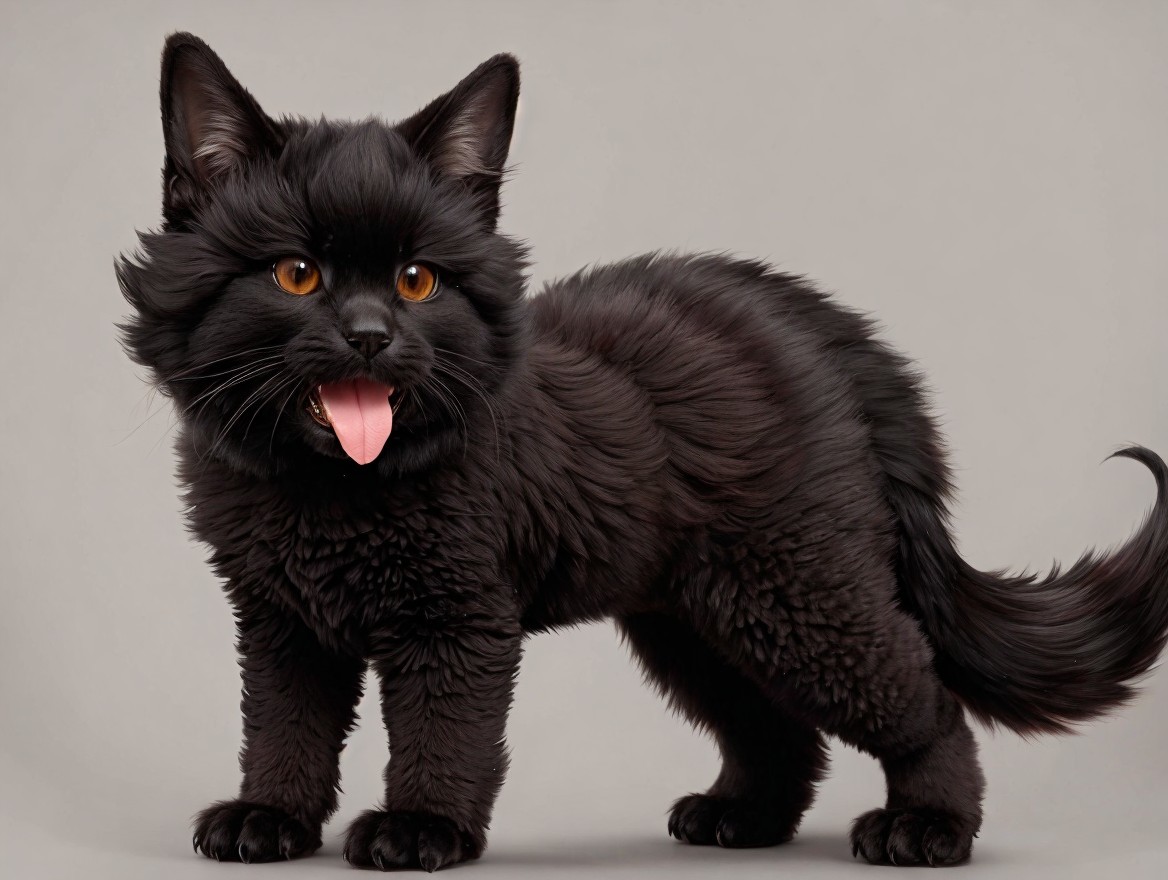 Fluffy Black Cat with Playful Expression and Orange Eyes