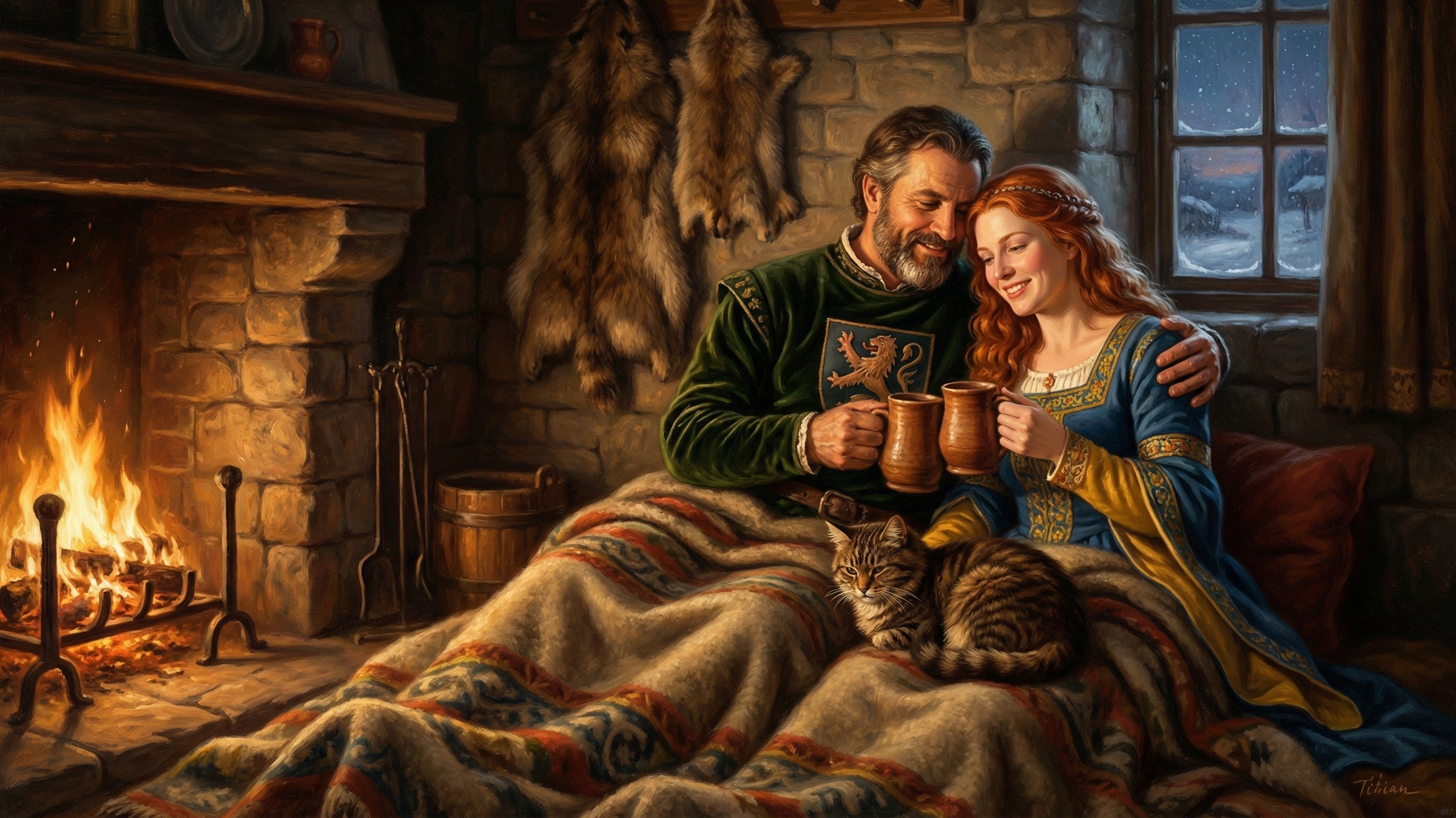 Medieval Couple by Fireplace in Fantasy Oil Painting