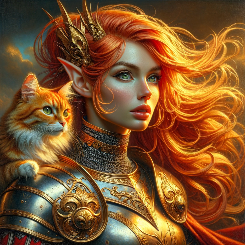 Regal elf princess in golden armor with a cat