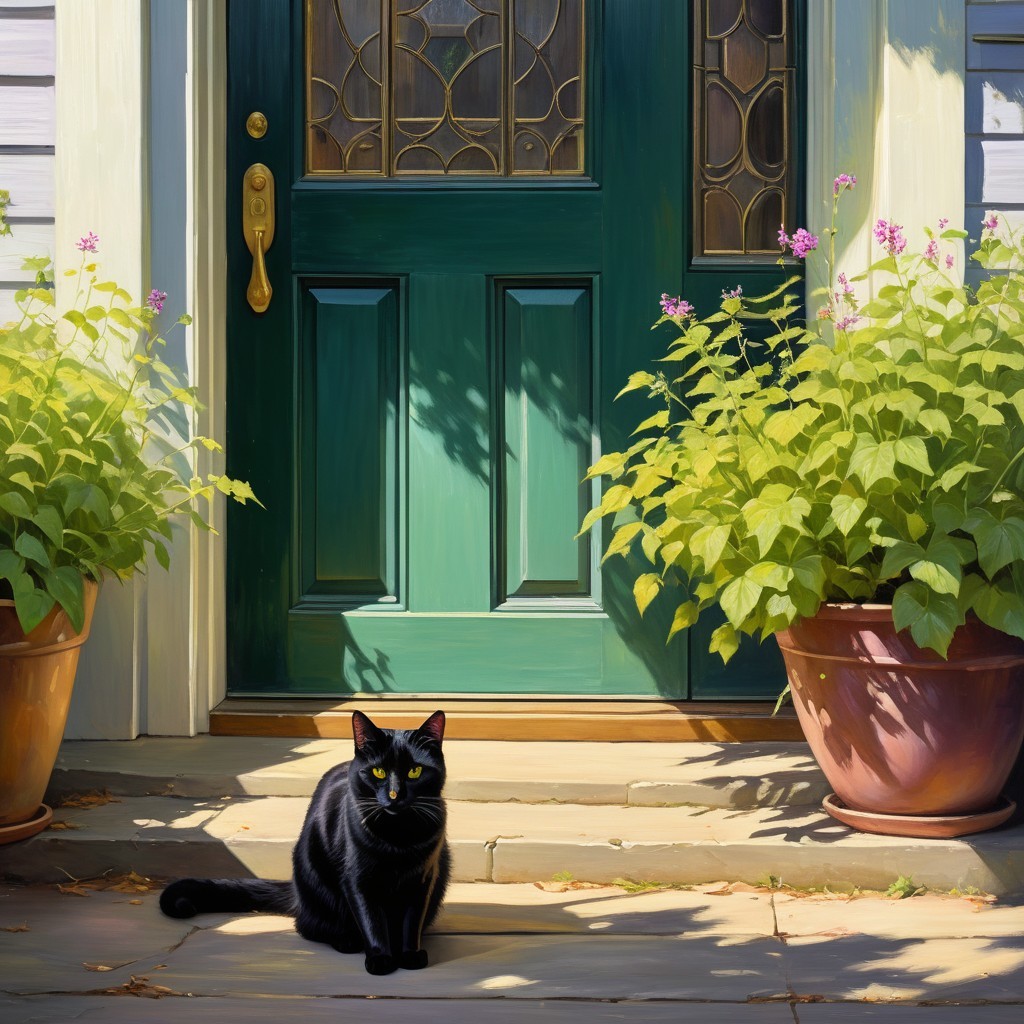 Black Cat on Porch by Green Door with Potted Plants