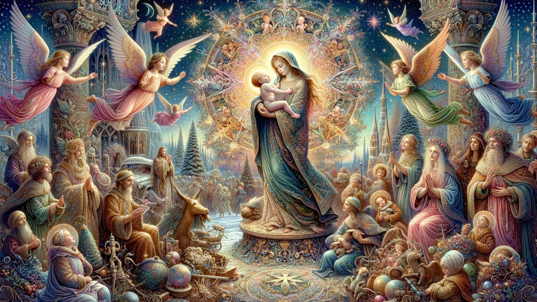 Vibrant Nativity Scene with Madonna and Infant Jesus