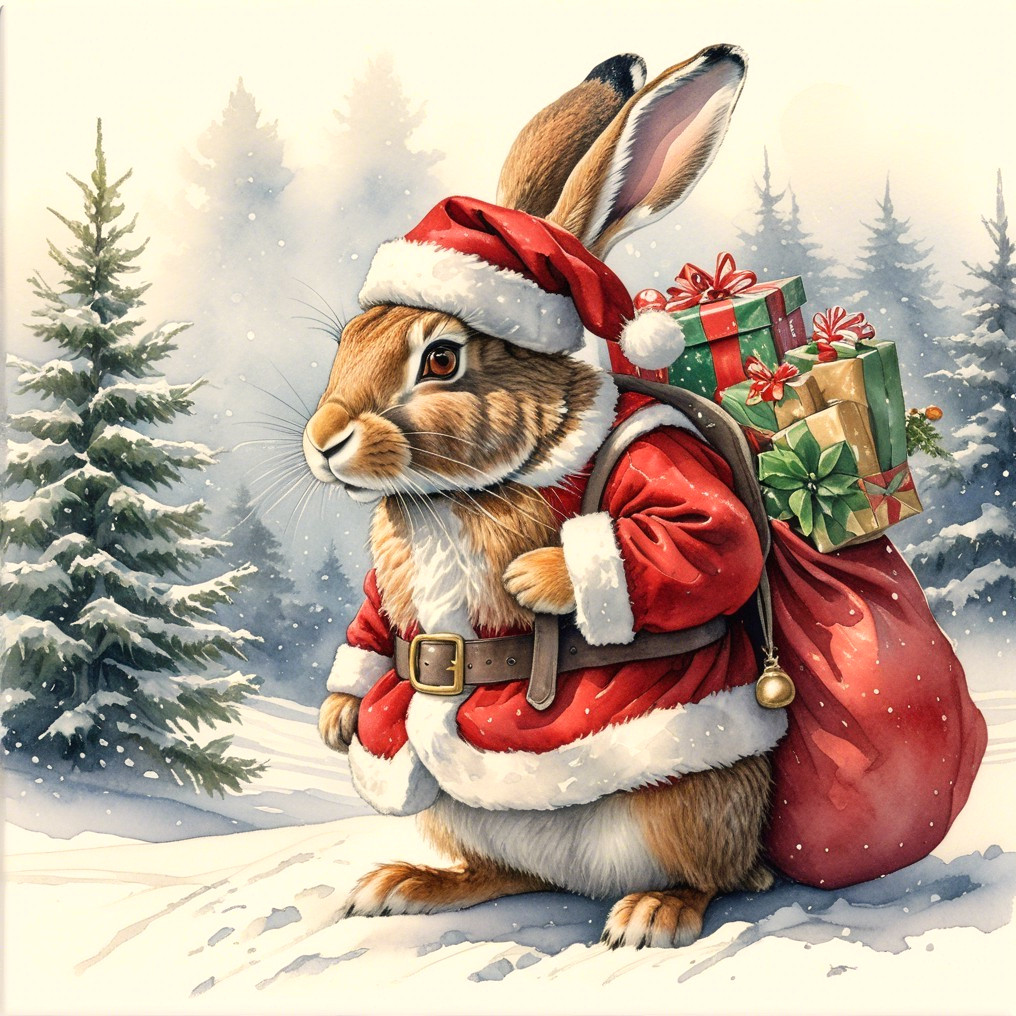 Festive Rabbit in Santa Outfit Surrounded by Snow
