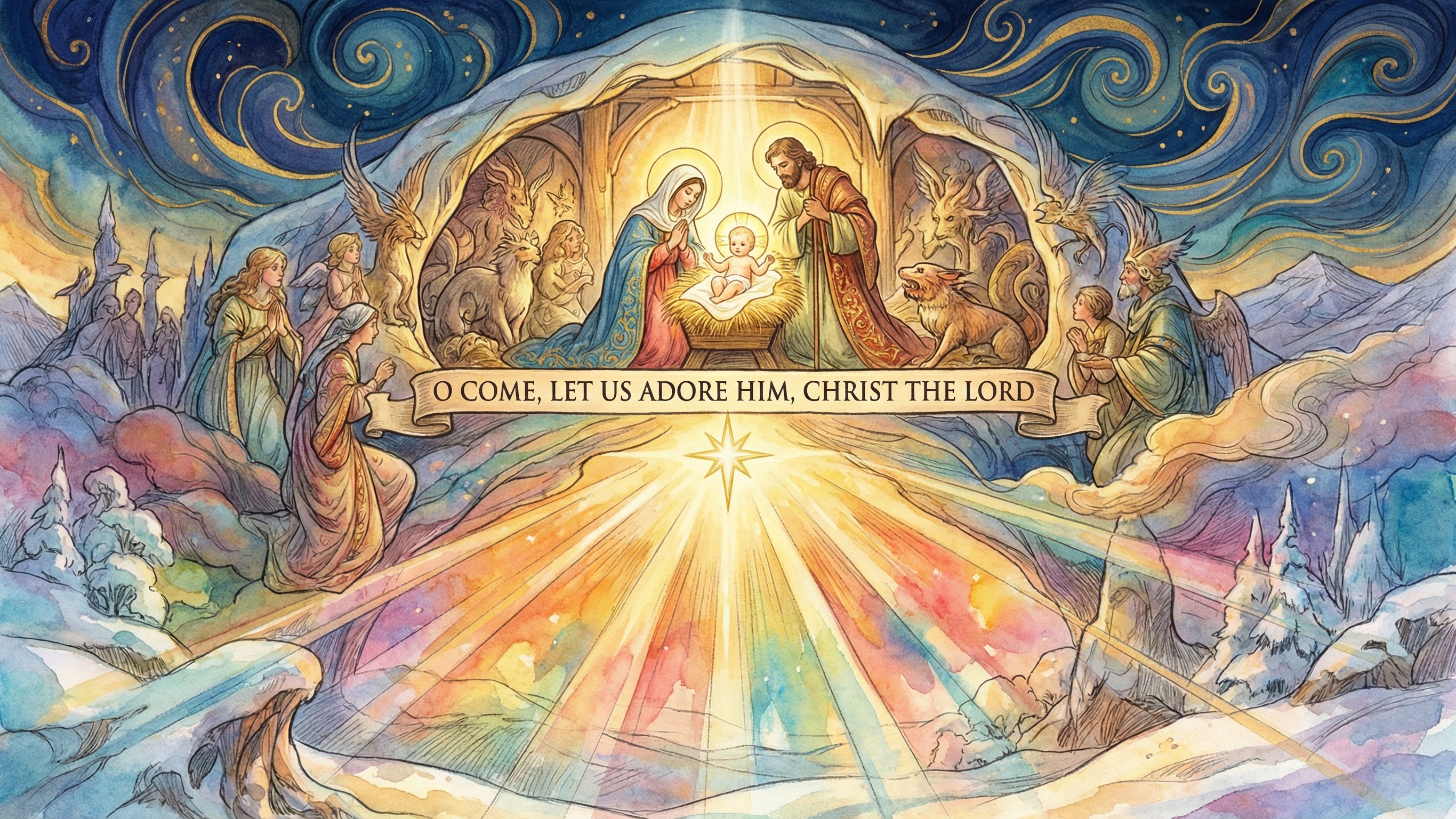 Traditional Christmas Nativity Scene in Watercolor