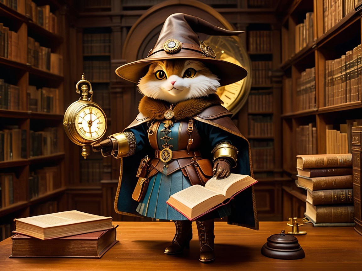 Cat in Wizard Robe in Cozy Library Setting