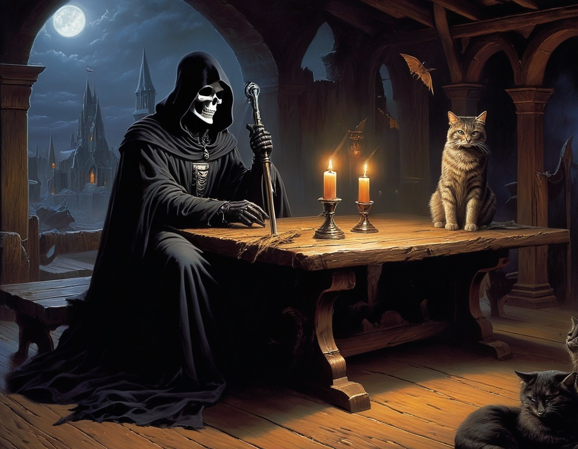 Skeleton figure with scythe in gothic scene with cats and castle