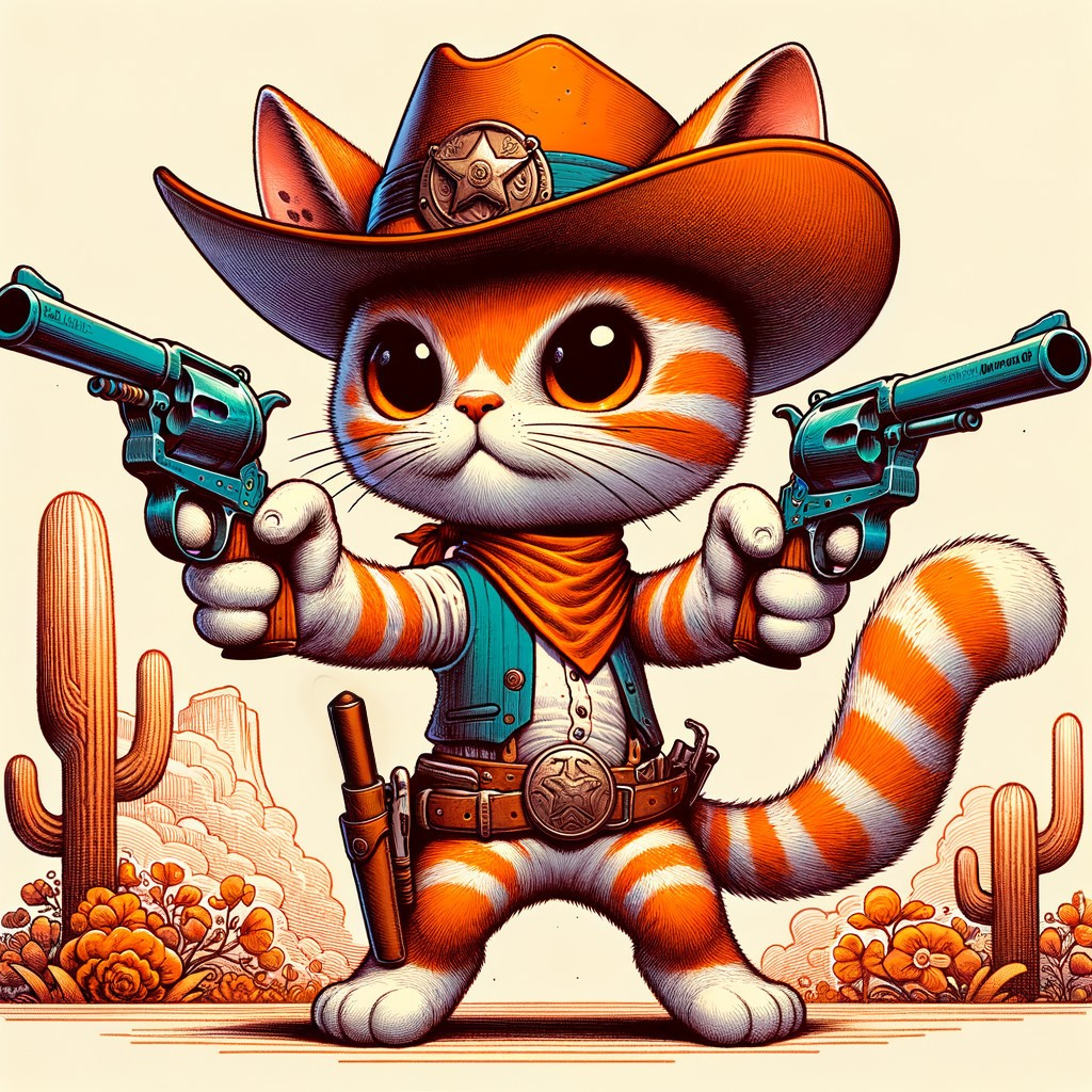 Cartoon cat as Wild West sheriff with hat and pistols in desert landscape