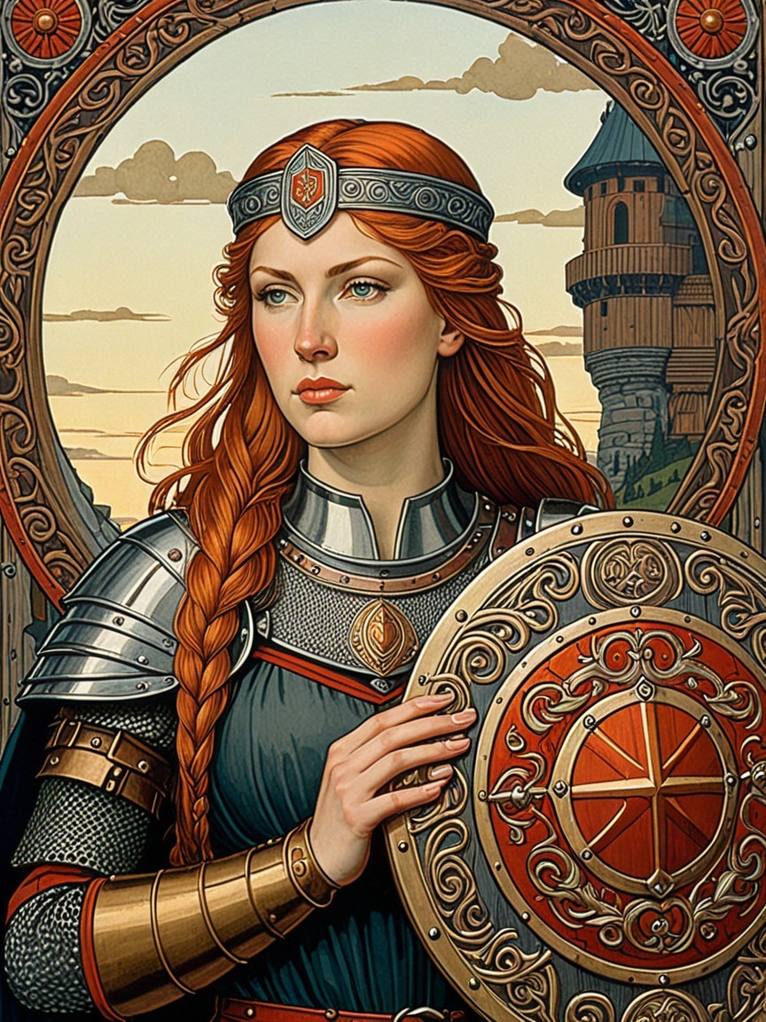 Fierce Warrior Woman in Detailed Armor with Shield