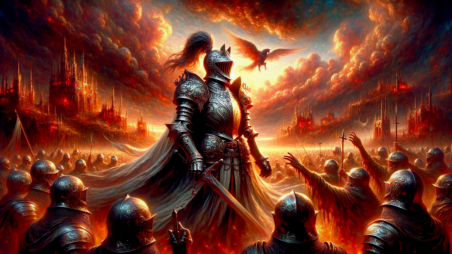 Knight in Armor Amid Fiery Battlefield and Phoenix