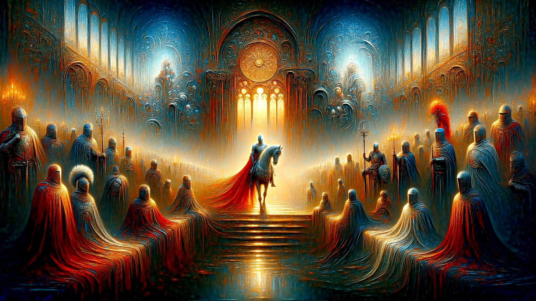 Ethereal Hall with Majestic Figure and Armored Knights